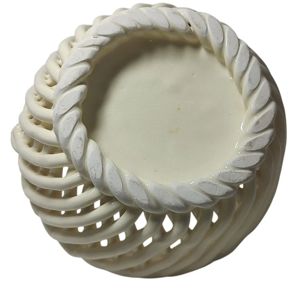 Vintage Woven Glass Basket Weave Twisted Handle Cream Springtime Five Inches SEE